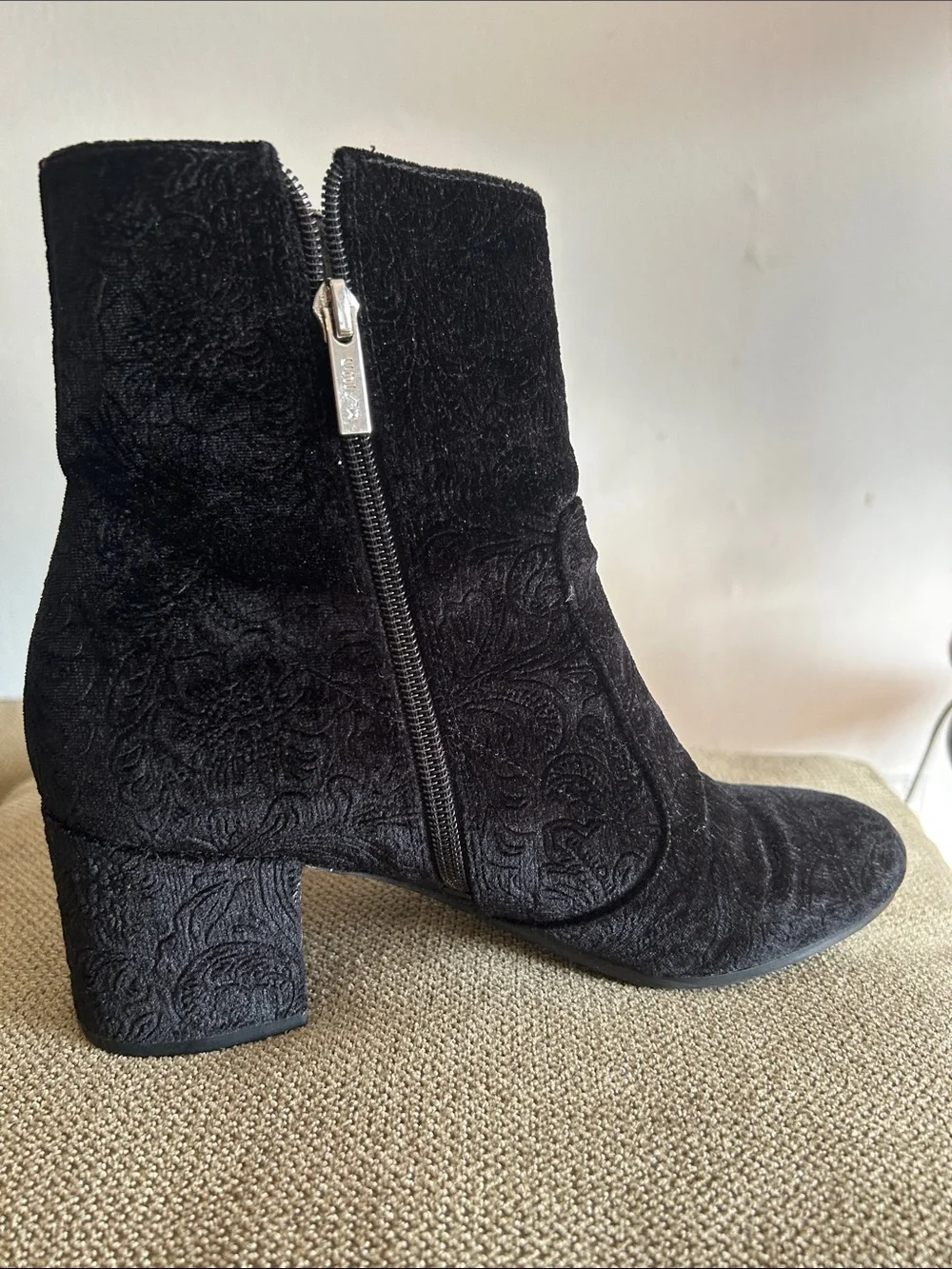 Unisa Black Velvet Embossed Ankle Boots